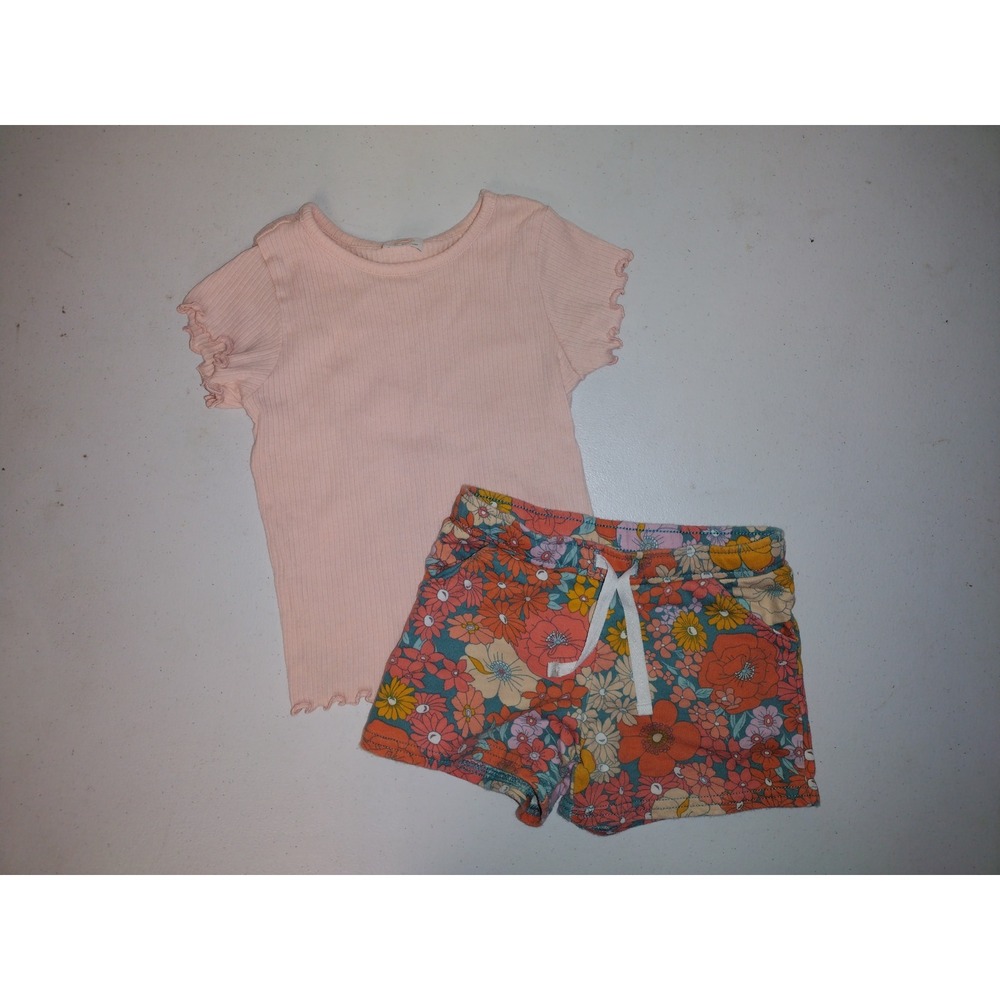 Wonder Nation Carters Kid Girls 4T Pink Ribbed Top and Floral Shorts Set